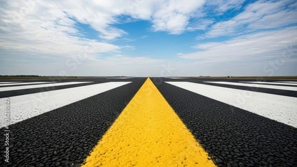 Fototapeta Empty airport runway with clear yellow and white markings under a bright blue sky with clouds.