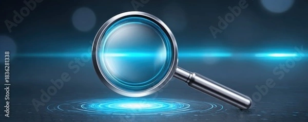 Fototapeta Media Literacy Concepts on Disinformation. A futuristic magnifying glass glows with blue light, set against a dark background, symbolizing search and discovery.