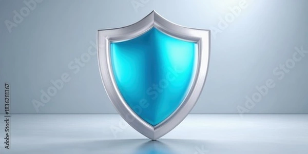 Fototapeta Media Literacy Concepts on Disinformation. A sleek, shiny blue shield emblem set against a light background, symbolizing protection and security.