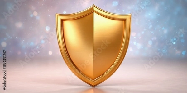 Fototapeta Media Literacy Concepts on Disinformation. A shiny golden shield with a smooth surface, set against a blurred blue background, symbolizing protection and security.