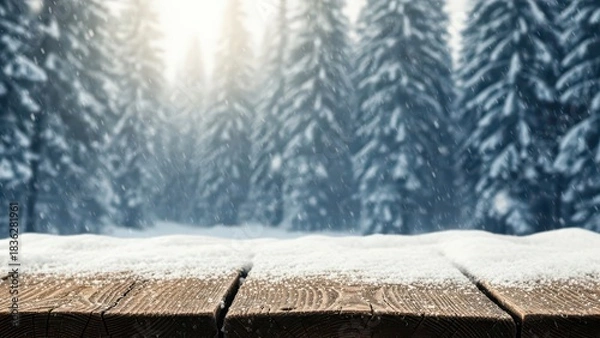 Fototapeta Empty wooden table covered with snow in a beautiful winter forest landscape with blurred pine trees and sunlight.