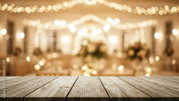 Fototapeta Empty wooden table with blurred festive event background.