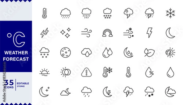 Fototapeta Pixel Perfect,Weather Forecast line editable icon set. sun, rain, snow, cloud, humidity, cloudy, rainy season,Weather , clouds, sunny day, moon, snowflakes, wind, sun day. Vector illustration