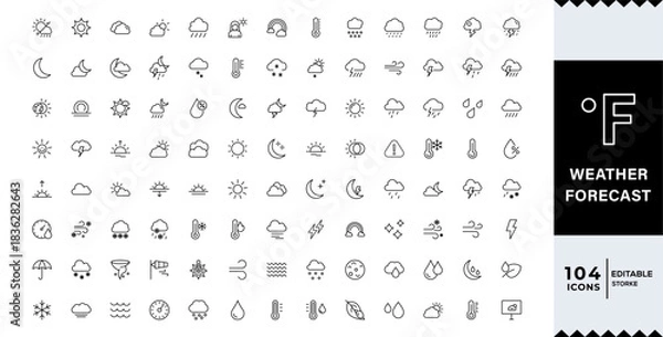 Fototapeta Pixel Perfect,Weather Forecast line editable icon set. sun, rain, snow, cloud, humidity, cloudy, rainy season,Weather , clouds, sunny day, moon, snowflakes, wind, sun day. Vector illustration