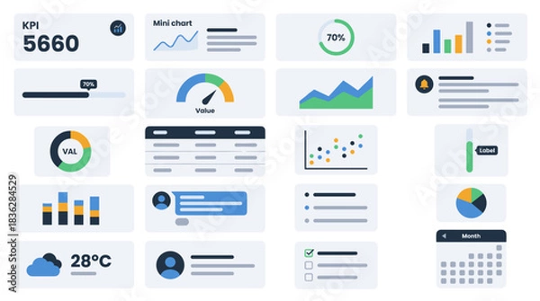 Obraz Dashboard UI Vector Widget Set – Analytics KPI Cards and Charts