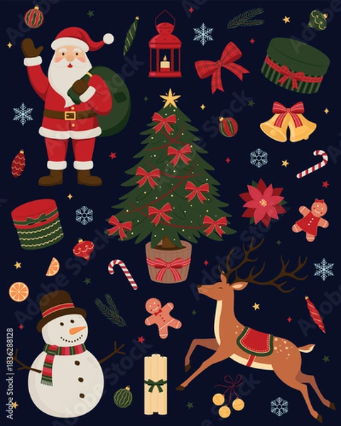 Obraz Collection of Christmas illustration with snowman, candy cane, lantern, poinsettia, gingerbread cookies, Christmas tree, Santa Claus, gifts, bells, reindeer and holiday decor elements for design.