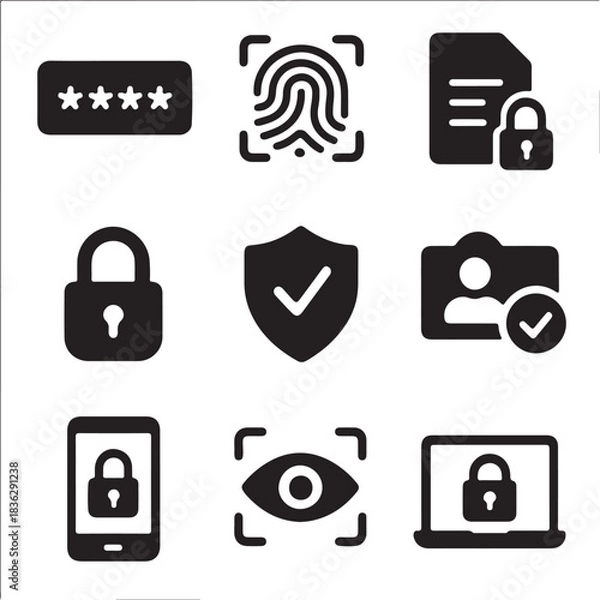 Obraz Cybersecurity & Data Protection Icons – Password, Lock, Shield Set
