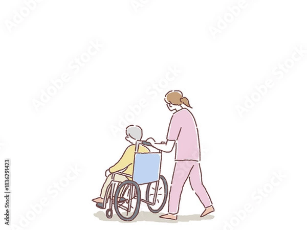 Obraz 車椅子を押す女性看護師、介護士の後ろ姿