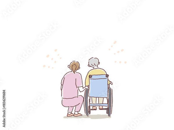Obraz 車椅子に乗った高齢者に寄り添う、女性の看護師、介護士、ヘルパーの後ろ姿