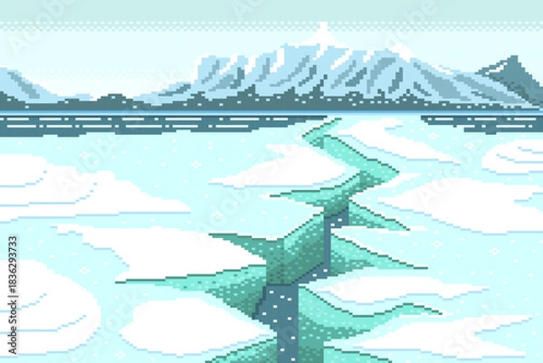 Obraz Frost fractures and cracked ice with glacial valleys background, Winter landscape, snow.