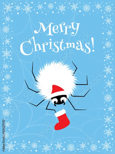 Fototapeta Christmas greeting card. Vector Illustration of a white fluffy spider in a santa hat sitting on a web and peeking into a stocking. Light blue background, frame made of snowflakes, vertical format.