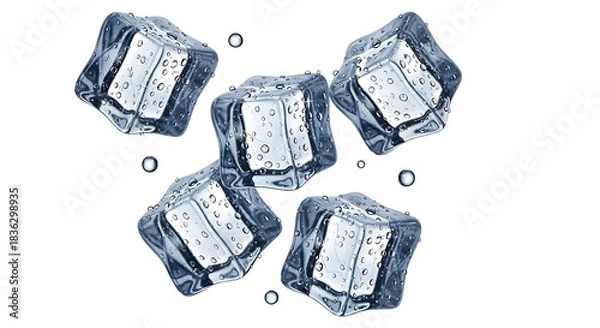 Fototapeta Fresh ice cubes floating with water droplets sparkle against a clean transparent backdrop
