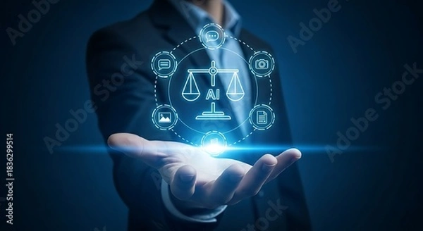 Fototapeta Caucasian professional presents AI balance scale surrounded by digital icons on his open palm
