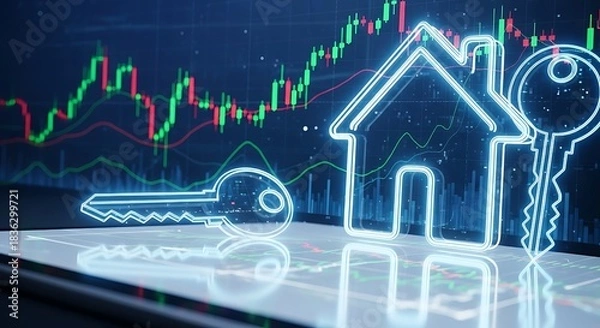 Fototapeta Neon home outline and two keys shine above stock chart display screen