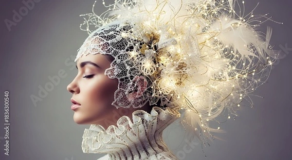 Fototapeta Elegant woman is wearing a lace headpiece with lights and feathers in profile