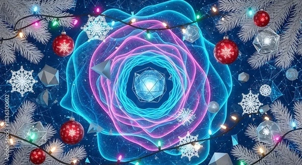 Fototapeta Geometric Christmas ornaments adorn a futuristic tree with neon lights and glowing, ethereal decorations