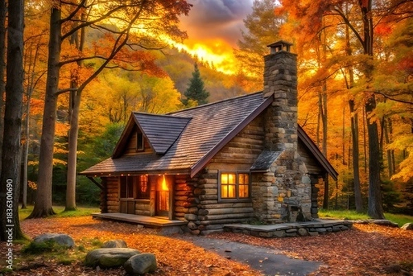 Obraz Rustic log cabin bathed in golden autumn light at warm sunset.