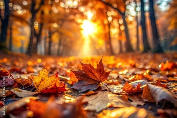 Obraz Golden sunlight streams through autumn leaves on forest floor