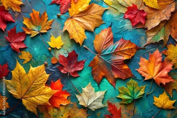Obraz Vibrant autumn leaves on textured teal background, seasonal display