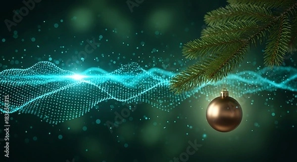 Fototapeta Golden ornament dangles from pine branch, reflecting soft, glowing turquoise light in dark scene