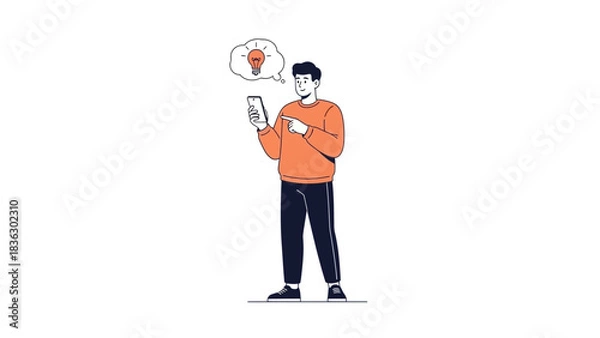 Obraz Man using smartphone with idea light bulb in speech bubble, creative thinking