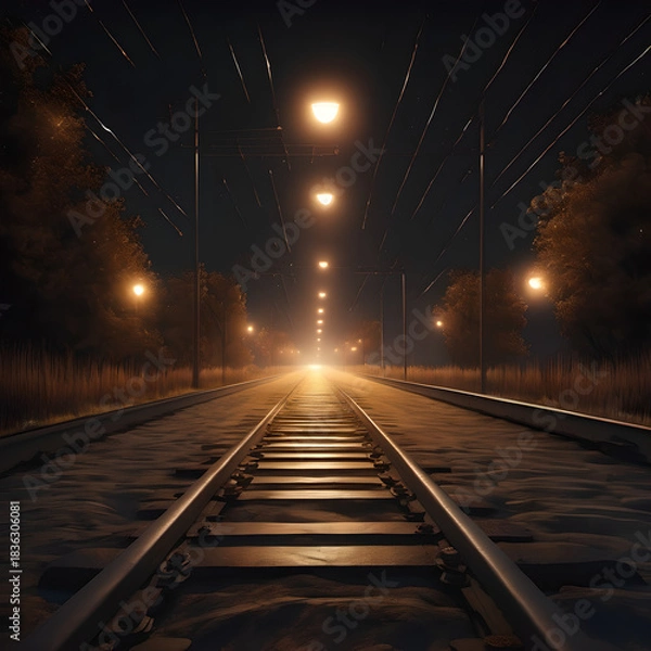 Fototapeta Nighttime Railway Path with Street Lights