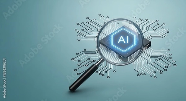 Fototapeta Magnifying glass reveals an AI microchip within circuit board patterns on blue backdrop