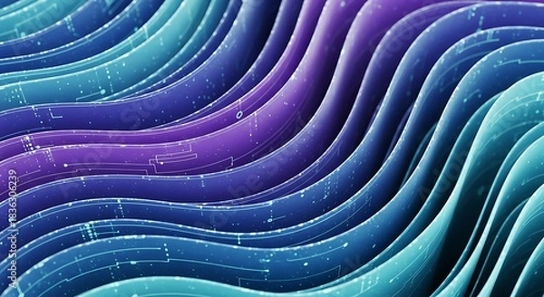 Fototapeta Wavy ribbons transition from violet to blue with digital circuit patterns displayed in the image