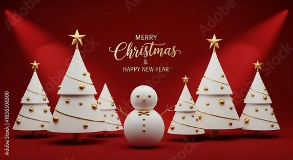 Fototapeta Elegant white Christmas trees and smiling snowman create a festive on a red backdrop
