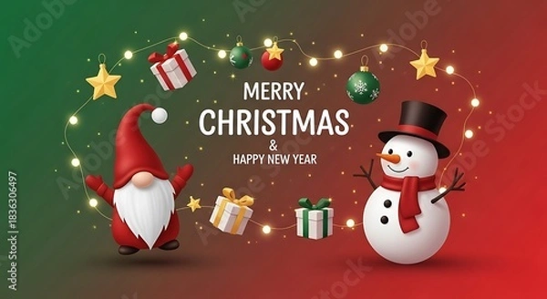 Fototapeta Cheerful Christmas gnome stands near smiling snowman with twinkling lights and colorful gifts