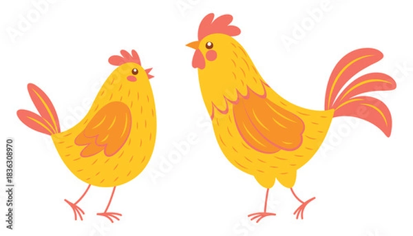 Obraz Cute illustrations of vibrant chicken and rooster in a red, yellow and orange colours. Flat vector illustrations isolated on a white background. 