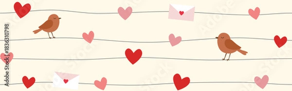 Obraz Beige Valentine Love Bird Banner with Hearts, Letters and Soft Wavy Lines