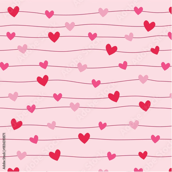 Obraz Horizontal Valentine Heart Line Pattern with Cute Scattered Pink and Red Hearts