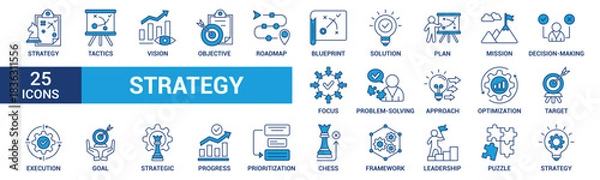 Obraz Strategy icon set. Containing goal, tactics, vision, plan, objective, roadmap, problem-solving, mission, solution and execution. Blue vector icons collection.