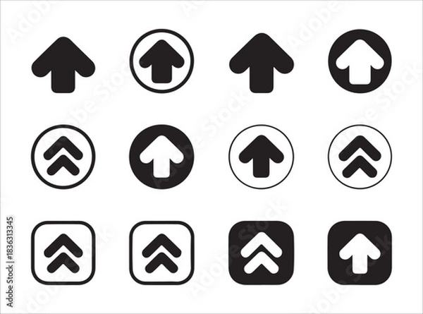 Fototapeta Set of sixteen upward arrow icons in diverse styles including solid outlined circles and rounded squares