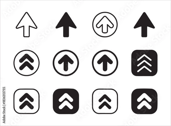 Fototapeta Diverse set of black upload arrows, including single and multiple chevrons, isolated on white background