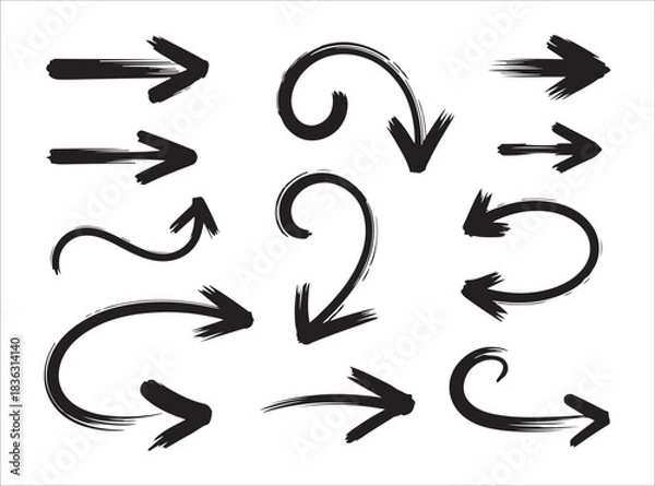 Fototapeta Collection of hand-drawn brush stroke arrows pointing various directions, useful for creative designs