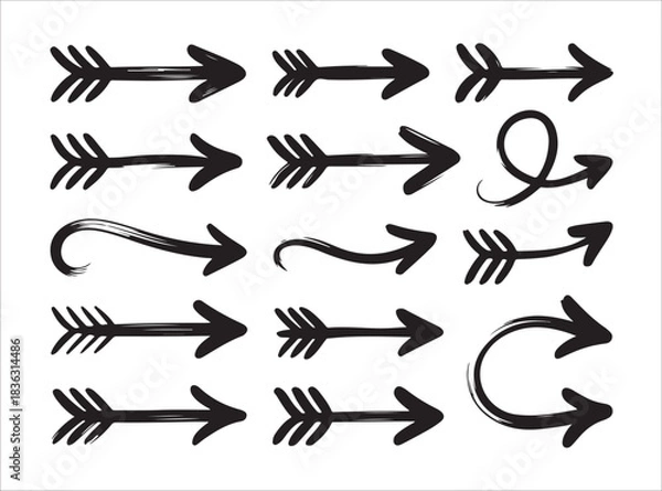 Fototapeta Set of black hand drawn arrows. doodle pointer elements. rough grunge style marker right direction signs