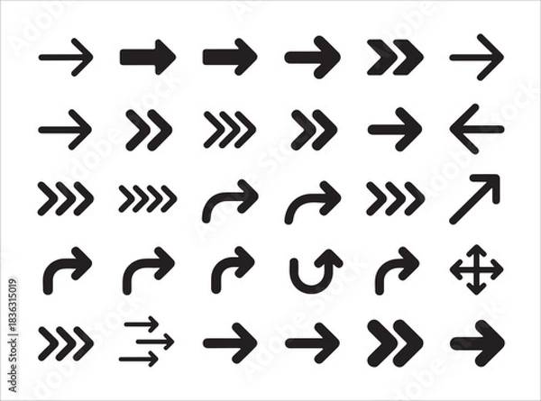 Fototapeta Set of black arrows icons. basic directional signs, forward back left right pointer symbols. arrow collection