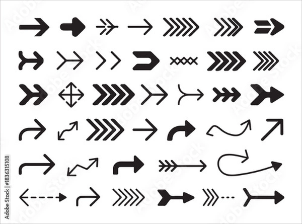 Fototapeta Set of black arrows icons. basic directional signs, forward back left right pointer symbols. diverse arrow set