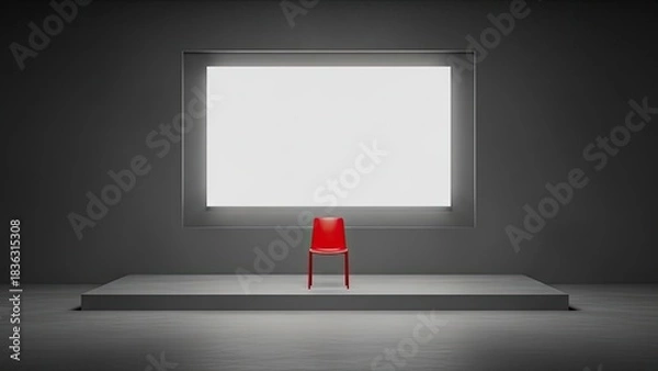 Fototapeta Minimalist Red Chair on Stage in Front of Window.