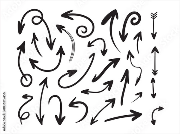 Fototapeta Set of black curved arrows, collection of doodle arrow vector illustration with various shapes and directions