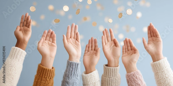 Obraz コインに手を伸ばす人々、富とチャンスの象徴