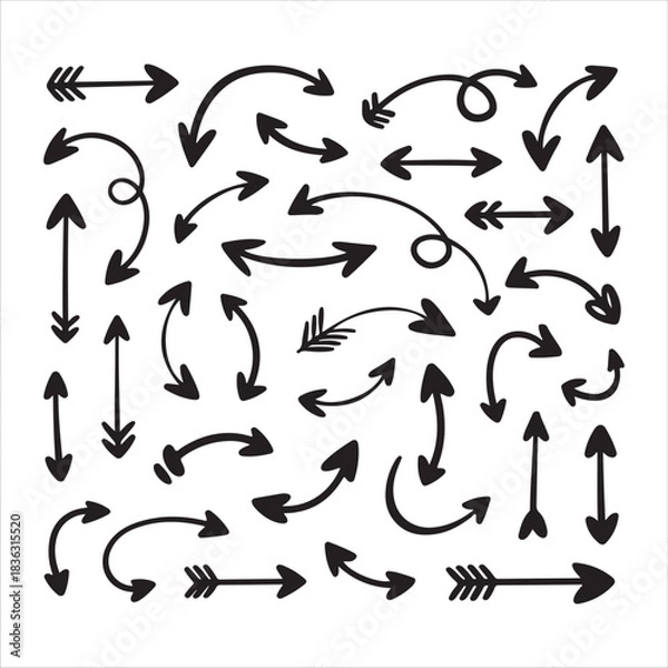 Fototapeta Set of black hand drawn arrows, collection of doodle arrow vector illustration with different shapes and directions