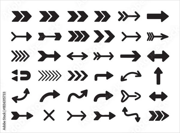 Fototapeta Set of black arrows icons. basic directional signs, forward back left right pointer symbols. extensive arrow collection
