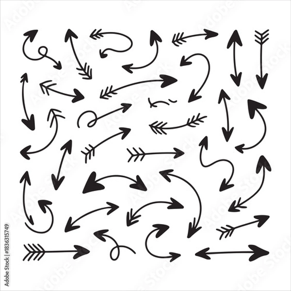 Fototapeta Set of hand drawn doodle arrows isolated on white background indicating different directions and movements