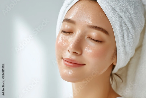 Obraz スキンケア後にぷるぷる肌でリラックスする美しい女性