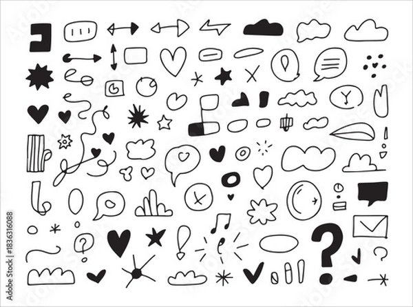Fototapeta Large assortment of hand drawn doodle icons and design elements including shapes arrows and frames