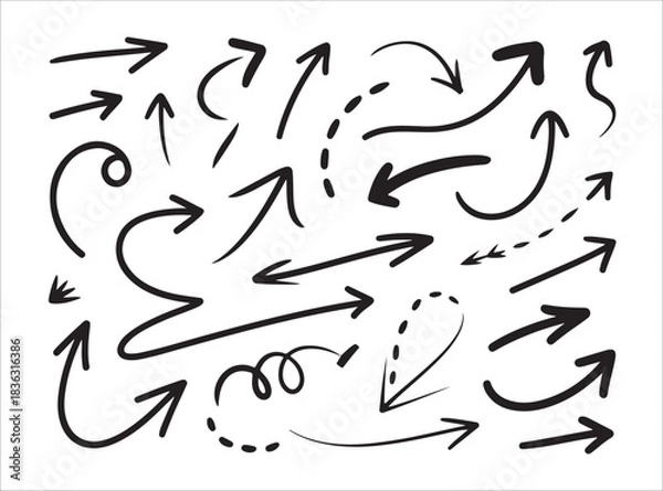 Fototapeta Set of hand drawn arrows isolated on white background handwritten sketch arrows vector illustration graphic elements