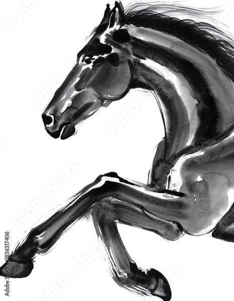 Obraz A brush-drawn ink painting of a horse in motion　筆で描いた躍動する馬の墨絵